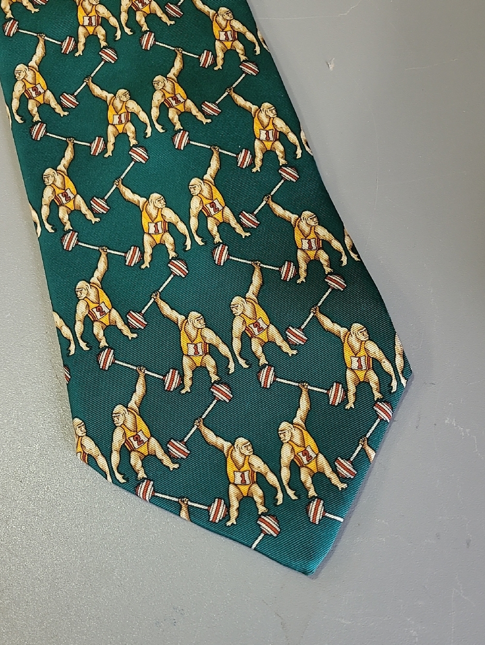 Brooks Brothers Green Tie with Vintage Weightlifter Motif